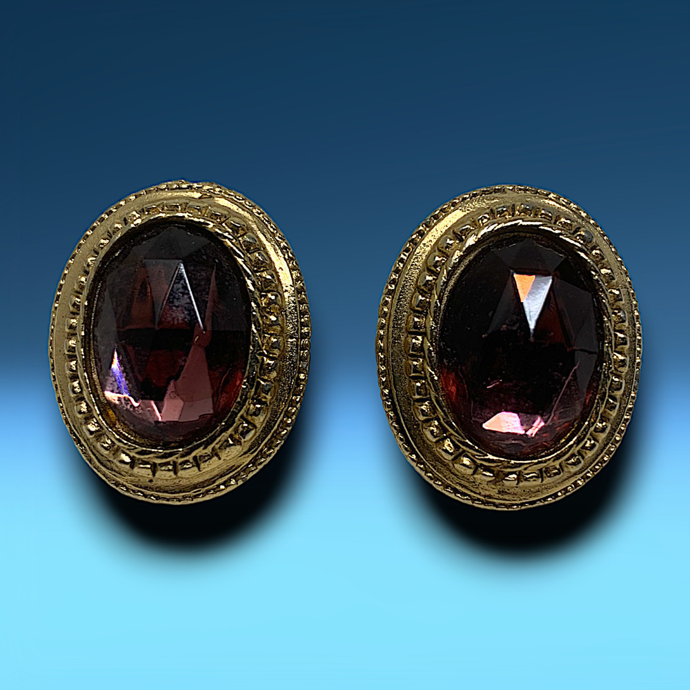 Vintage Dauplaise Gold Tone Purple Oval Framed Crystal Clip On Earrings Runway